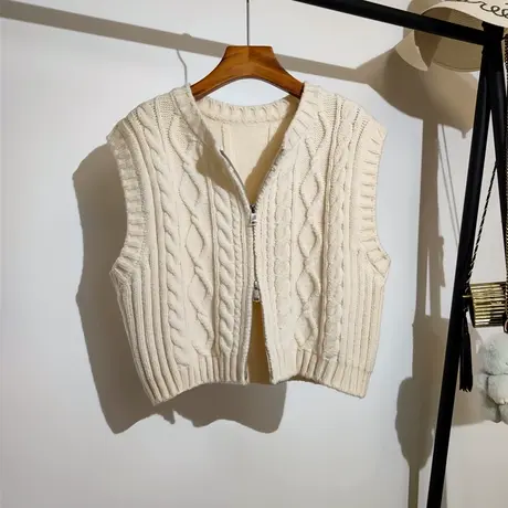 双拉链开衫毛衣马甲女秋冬新款韩系宽松圆领麻花针织背心上衣外穿商品大图