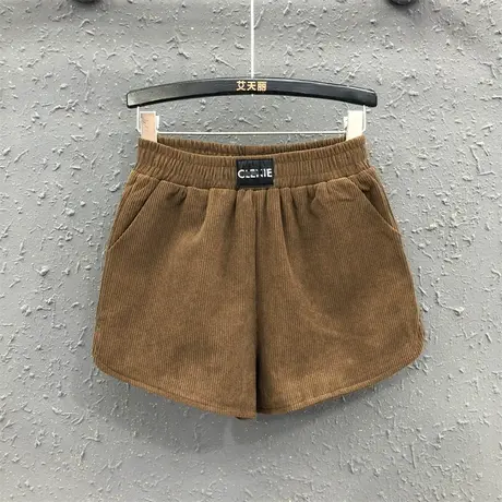 贴标灯芯绒短裤女2023秋冬新款百搭休闲港味宽松显瘦a字阔腿靴裤商品大图