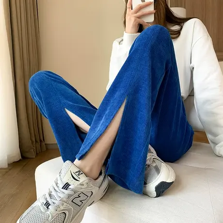 针织开叉阔腿裤子女2023春季新款高腰垂感直筒宽松显瘦休闲微喇裤商品大图