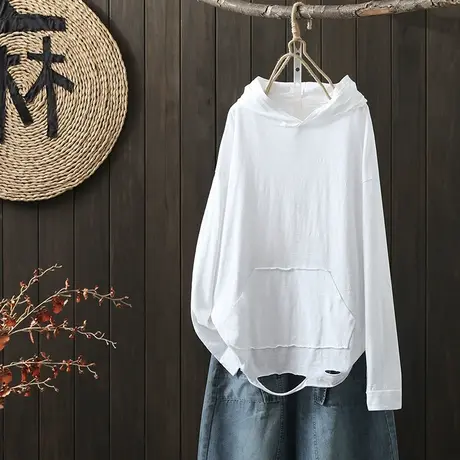 枫谜2022年春装新款文艺韩版破洞连帽长袖T恤女全棉宽松休闲上衣图片