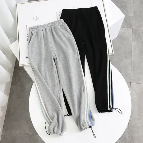 灰色运动裤女春秋小个子工装裤宽松束脚直筒高腰显瘦阔腿休闲卫裤图片