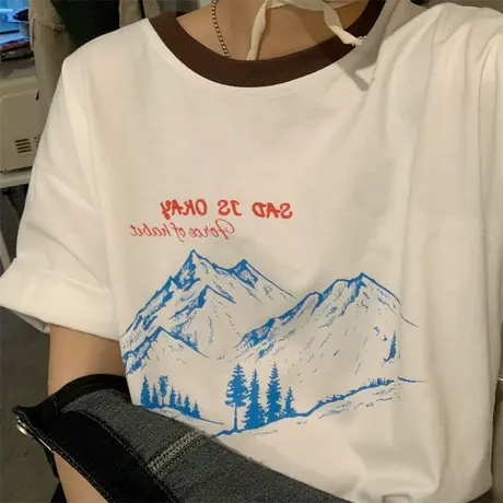 红续日系休闲撞色拼接短袖T恤女圆领2023年夏季新款正肩宽松体恤商品大图