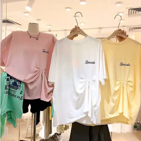 短袖t恤女ins潮2020夏季新款韩版宽松小众设计感压褶后背半袖上衣图片