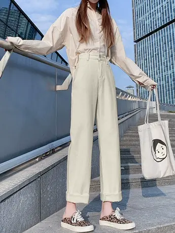 薄款小个子米白色直筒宽松牛仔裤女2023春秋高腰百搭修身显瘦阔腿商品大图