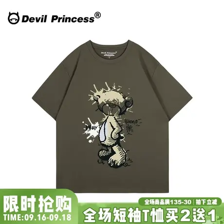 古着感宽松ins风卡通灰绿色短袖女t恤大版街头超火正肩半袖上衣潮商品大图