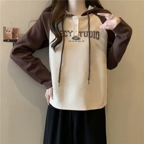 长袖T恤女2023秋季新款宽松显瘦百搭字母印花插肩袖连帽上衣ins潮图片