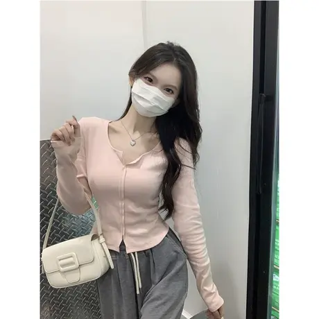 纯欲风开叉设计感长袖t恤女春秋韩版修身内搭短款打底衫早春上衣商品大图