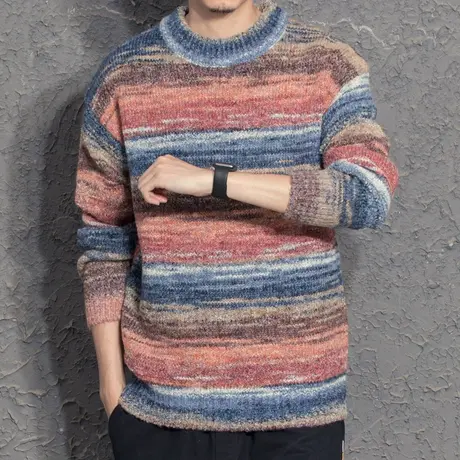 设计师彩色条纹毛衣秋冬新款情侣套头圆领日系慵懒风长袖针织衫潮图片