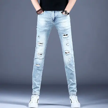 男士破洞牛仔裤男款修身小脚潮流裤子男弹力美式高街秋款新款高端图片
