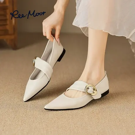 REEMOOR睿慕2023秋新款超软小羊皮尖头晚风温柔平底玛丽珍单鞋女商品大图