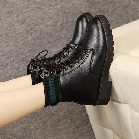 2023冬季女鞋网红系带平跟马丁靴女英伦厚底粗百搭气质短靴商品大图