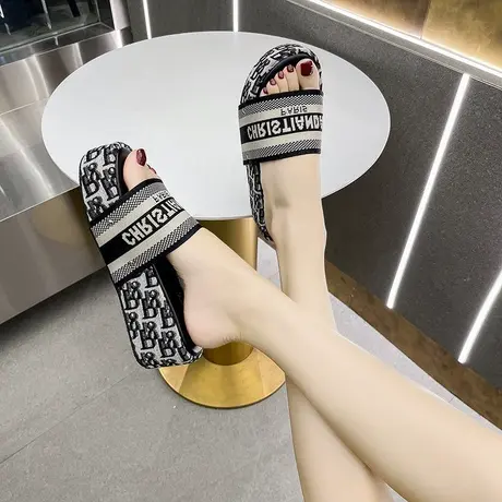 永希网红拖鞋女超火2025夏新款外穿时尚韩版松糕厚底沙滩一字凉拖商品大图