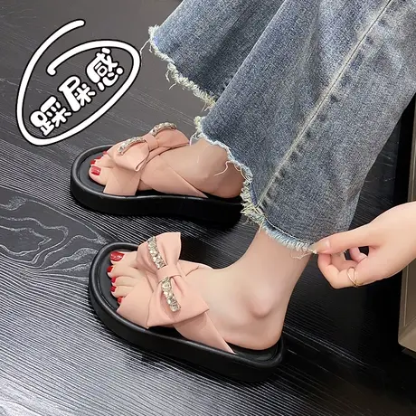 粉色凉拖鞋女夏季外穿踩屎感软底蝴蝶结甜美孕妇鞋一脚蹬凉鞋度假图片