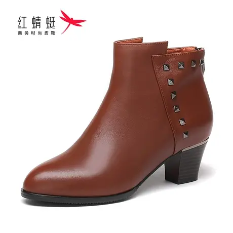 红蜻蜓女鞋女靴单鞋真皮正品新款春秋女靴马丁短靴高跟鞋粗跟尖头图片