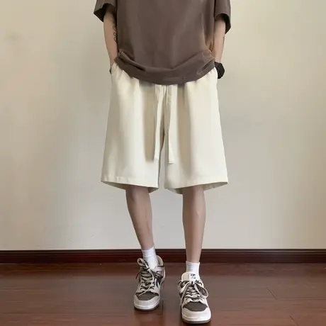 冰丝西装短裤男夏季薄款潮牌设计感腰带休闲宽松阔腿五分直筒中裤商品大图