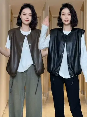 春秋黑色气质花苞PU皮马甲背心外套女宽松休闲设计感小众上衣坎肩商品大图