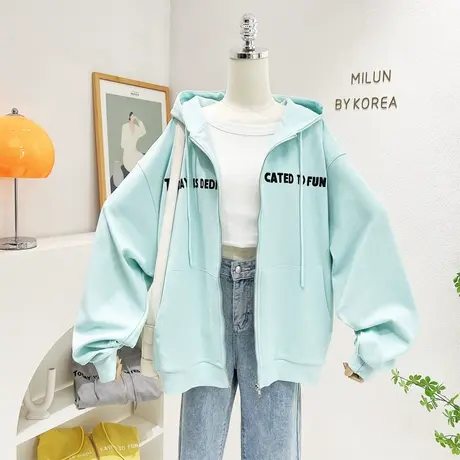 2022春秋薄款开衫外套女韩国东大门百搭休闲字母连帽卫衣宽松大码图片