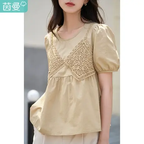 茵曼圆领衬衫女士2022夏季新款宽松拼接蕾丝花边泡泡袖新疆棉衬衣商品大图