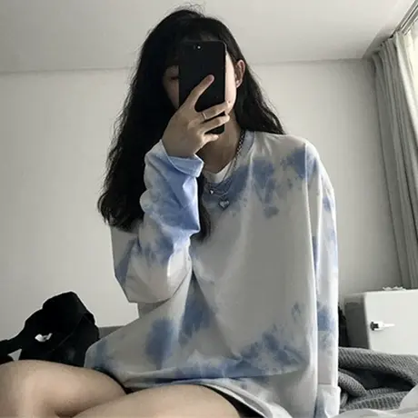 2023年早秋季新款设计感上衣服夏宽松扎染长袖t恤情侣女装潮流ins商品大图