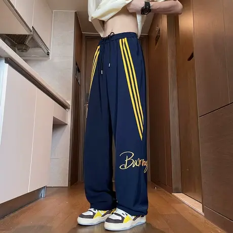 美式冰丝裤子男夏季薄款宽松刺绣字母设计感休闲裤潮牌高街长裤子商品大图