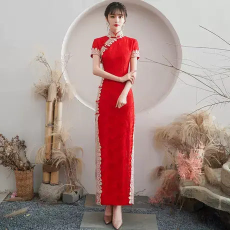 红色外嫁女回娘家回门装中长袖短袖中式礼仪迎宾颁奖新娘走秀旗袍图片