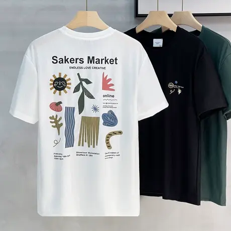 牛津麻棉短袖t恤男夏薄款青年修身上衣卡通印花男士休闲半袖体恤商品大图