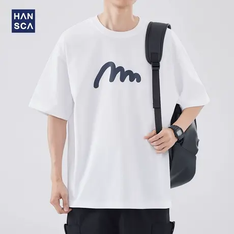 hansca 简约高级圆领短袖t恤男夏季新款印花水洗宽松落肩休闲体恤商品大图