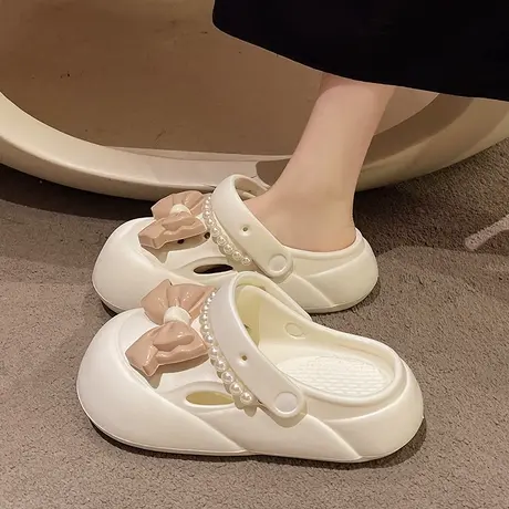 时尚珍珠蝴蝶结洞洞鞋女夏季室内外穿厚底增高防滑包头两穿凉拖鞋商品大图