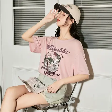 唐狮夏季新款短袖T恤女宽松休闲圆领设计感别致内搭上衣商品大图
