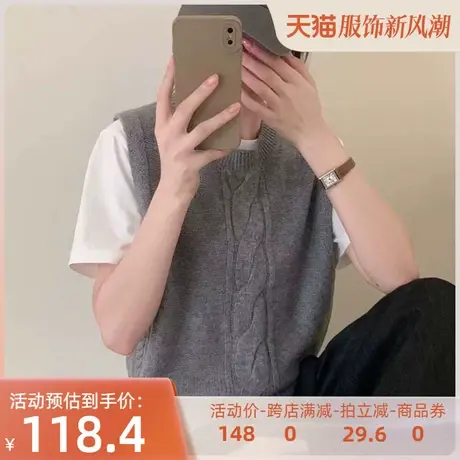 全羊毛无袖麻花针织马甲背心2023秋冬新款宽松慵懒风马夹坎肩毛衣商品大图