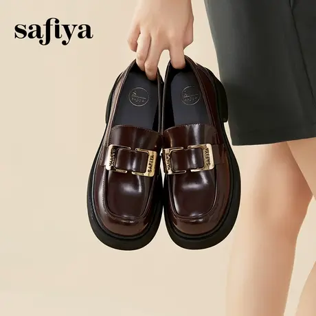 Safiya索菲娅英伦乐福鞋漆皮金属扣复古粗跟通勤厚底小皮鞋女单鞋图片