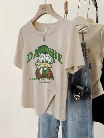 短袖女t恤夏季复古风chic不规则下摆大码ins潮纯棉慵懒风减龄上衣图片