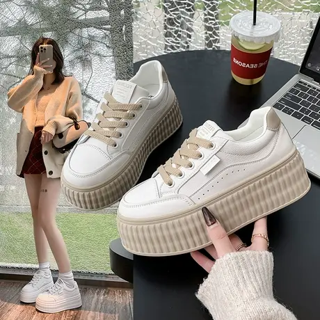 拉夏贝尔厚底小白鞋女2025新款春季白色百搭休闲透气增高运动板鞋商品大图