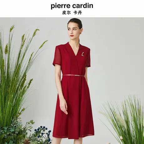 皮尔卡丹女装夏季新款红色V领短袖A字裙收腰连衣裙P3215D3113R0商品大图