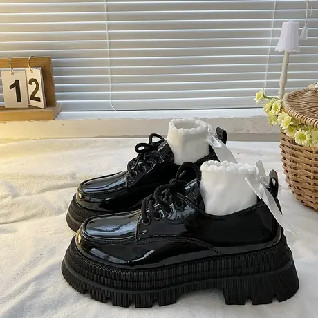 黑色英伦风小皮鞋女春秋2023新款日系jk学院风厚底系带配裙子单鞋商品大图