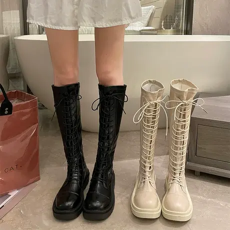 长筒靴女2023年新款春秋季厚底不过膝长靴高筒骑士靴瘦瘦马丁靴子商品大图