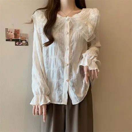 法式复古温柔风长袖衬衫女春秋季洋气减龄宽松娃娃领小众别致上衣图片