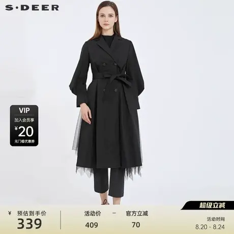 【sdeer奥莱】圣迪奥秋休闲西装领网纱泡泡袖长款风衣S21181801商品大图