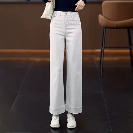 石灰白水洗棉软牛仔直筒裤女宽松春秋2025年新款百搭九分阔腿休闲商品大图