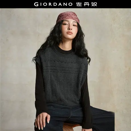设计师款佐丹奴叠穿针织背心女镂空绞花宽松圆领针织马甲18355214商品大图