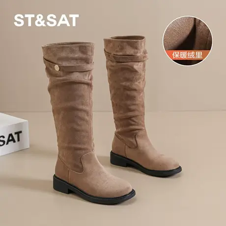 St&Sat/星期六长筒靴女鞋秋冬复古百搭褶皱堆堆靴显瘦高筒骑士靴图片