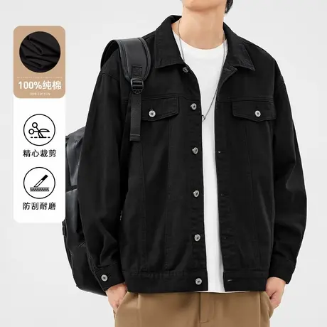 hansca纯棉黑色牛仔外套男春季2025新款潮牌拼接宽松休闲工装夹克商品大图