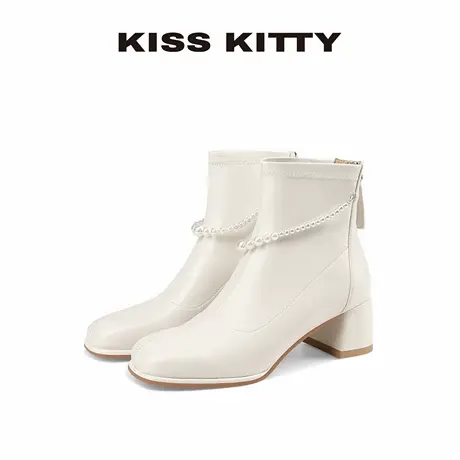 KISSKITTY短靴子2025新款爆款巨好看的白色粗跟高跟小个子马丁靴商品大图