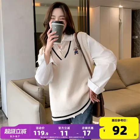 唐狮2025秋冬季女毛衣精致卡通图案V领套头马甲简约宽松百搭图片