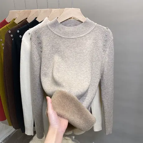 一体绒半高领毛衣女加绒加厚打底衫2023秋冬新款针织衫内搭上衣潮图片