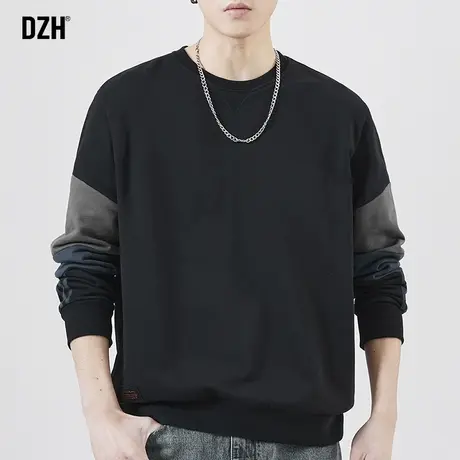 男士黑色圆领卫衣男潮牌春秋季2023年新款美式复古上衣宽松打底衫商品大图