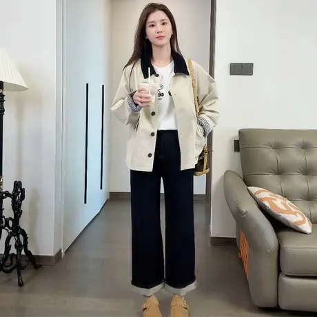 撞色翻领风衣外套女短款2025秋季新款小个子时尚休闲宽松夹克上衣商品大图