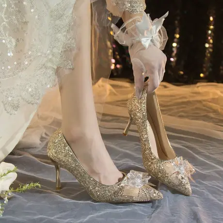 永希新娘鞋女配婚纱尖头细跟鞋子2023年新款秋季高跟鞋一脚蹬单鞋图片