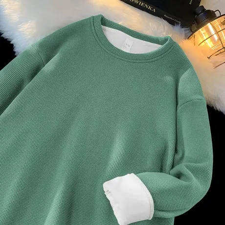 华夫格卫衣男2023新款秋冬保暖加绒加厚圆领无帽长袖t恤潮流百搭商品大图