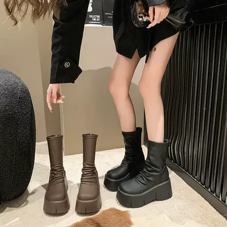 马丁靴女爆款2023年秋冬新款网红松糕厚底增高小个子洋气短款靴子商品大图